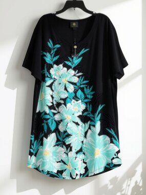 JM Collection XXL Black and Blue Floral Short Sleeve Top - NWT